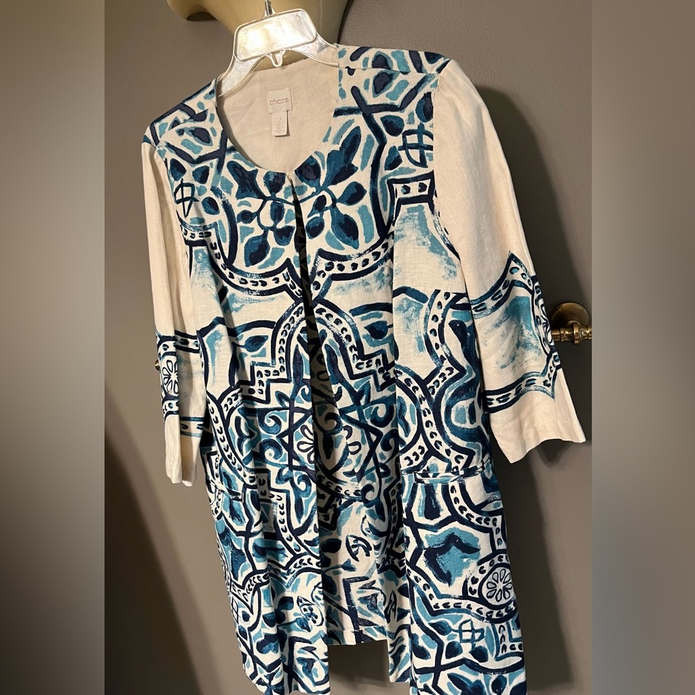 3/4 Sleeve Linen Jacket/Duster with top hook closure.Chico’s size 2(12/14ladies)